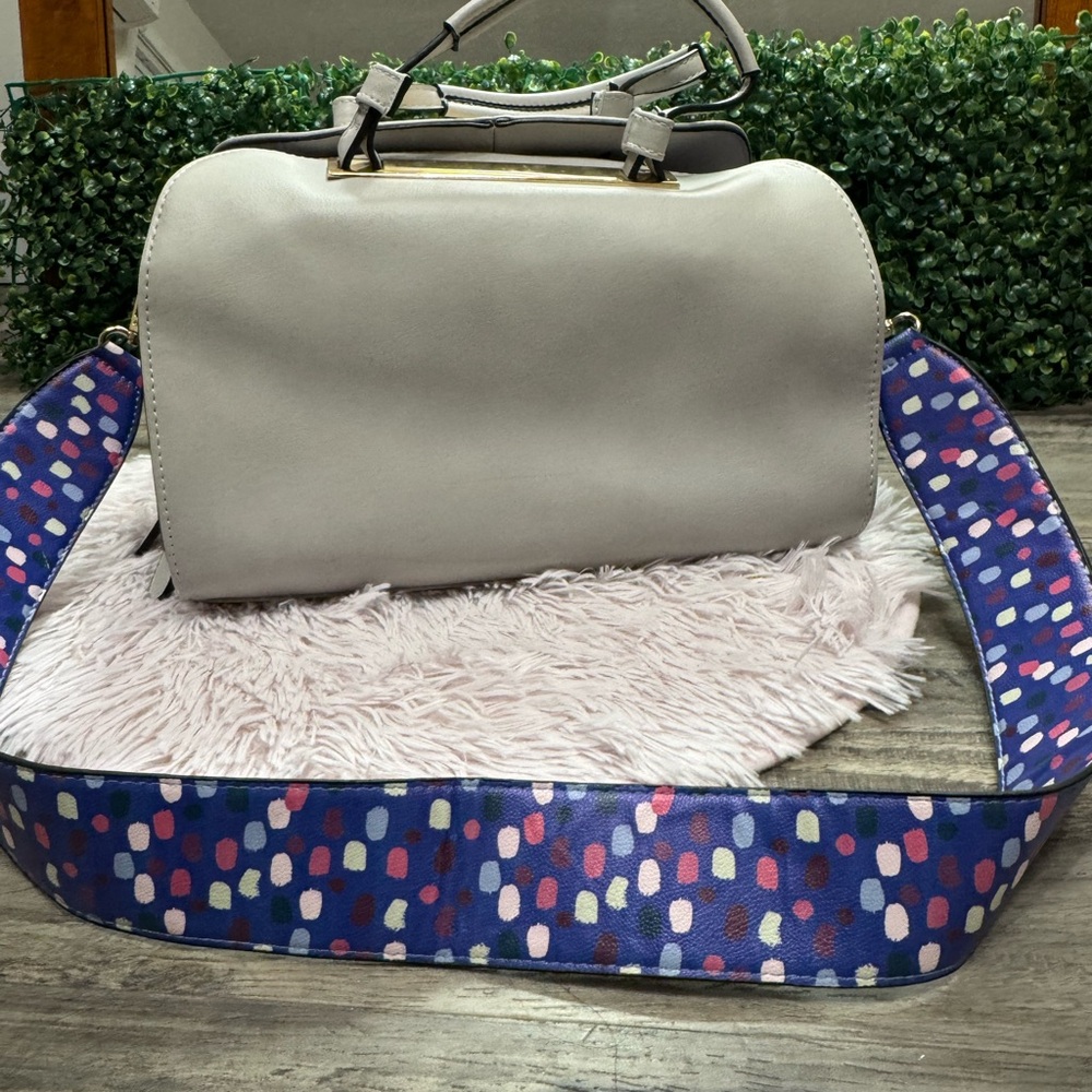 Stylish Gray Handbag with Colorful Strap